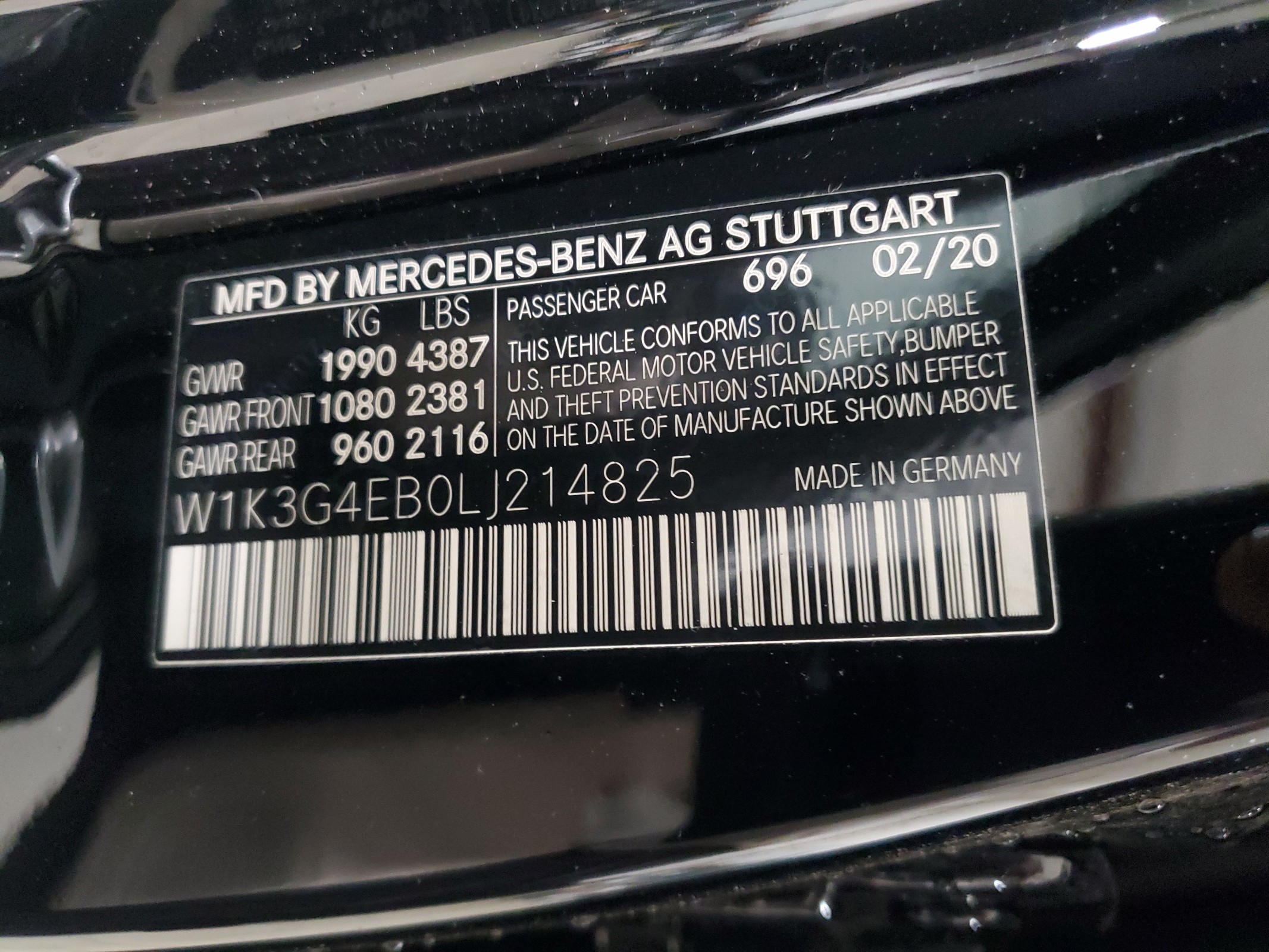 W1K3G4EB0LJ214825 2020 Mercedes-Benz A 220