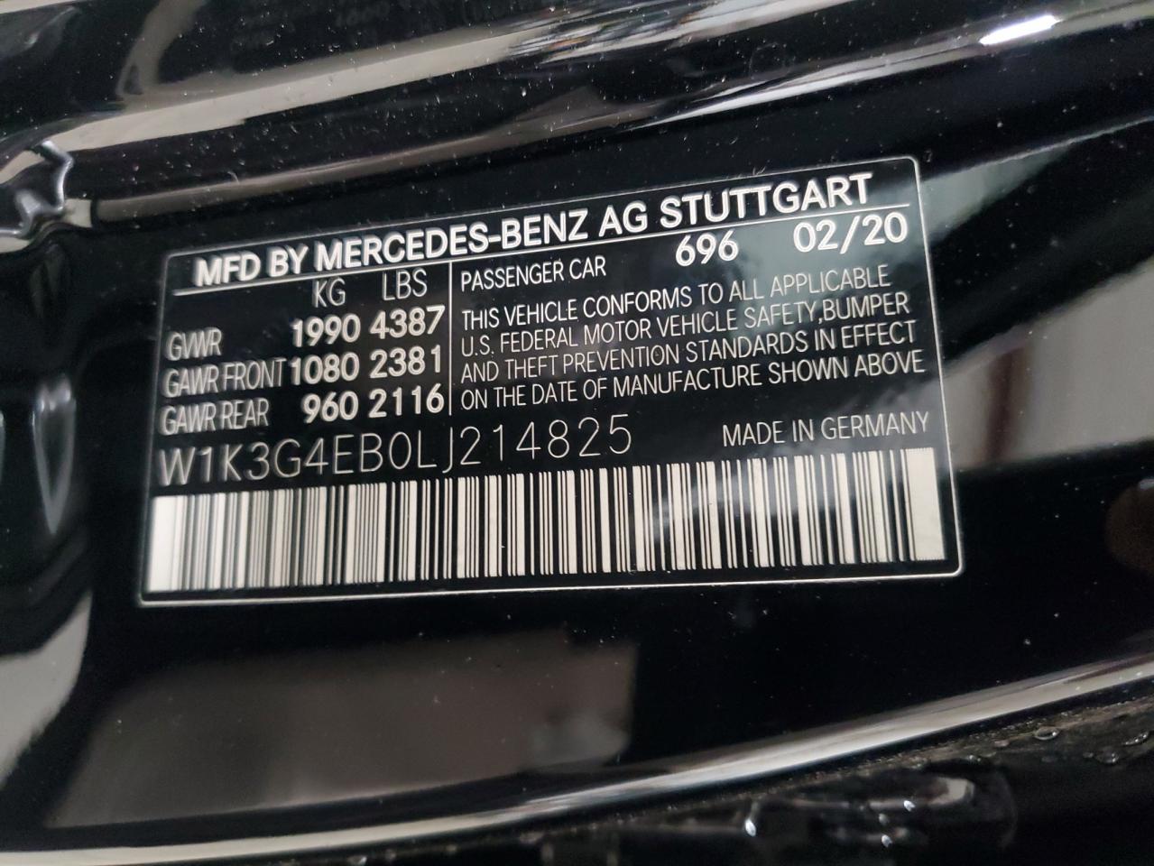 2020 Mercedes-Benz A 220 VIN: W1K3G4EB0LJ214825 Lot: 63997094