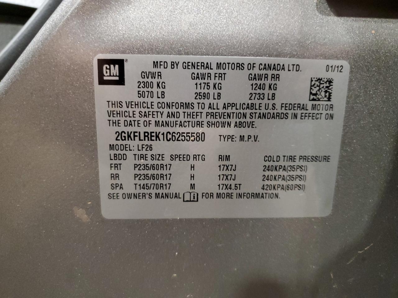 2012 GMC Terrain Sle VIN: 2GKFLREK1C6255580 Lot: 63061694