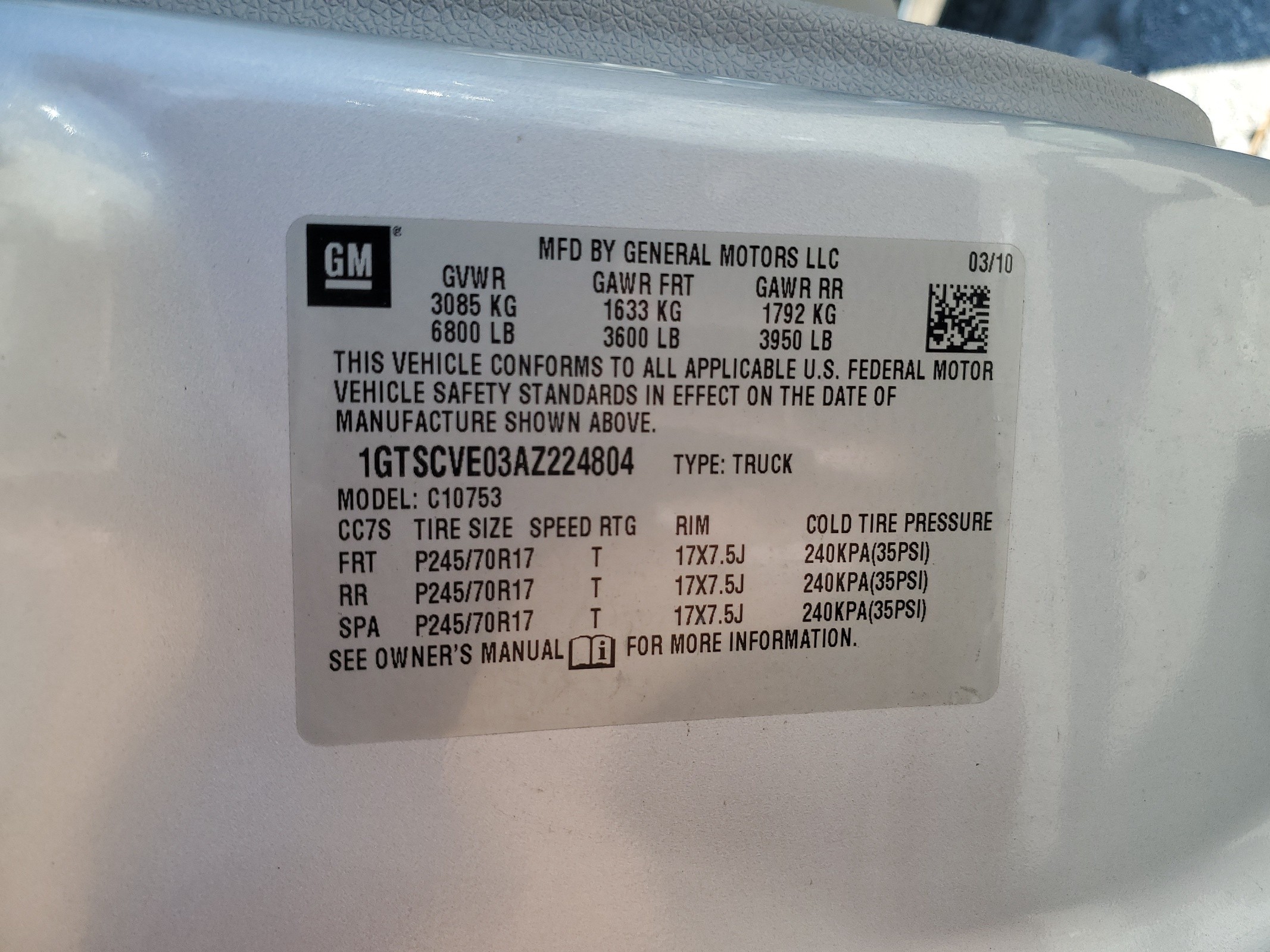 1GTSCVE03AZ224804 2010 GMC Sierra C1500 Sle