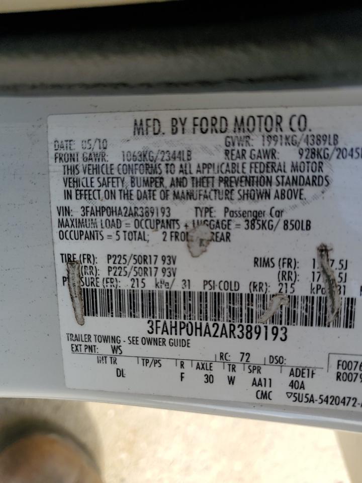 2010 Ford Fusion Se VIN: 3FAHP0HA2AR389193 Lot: 63048274