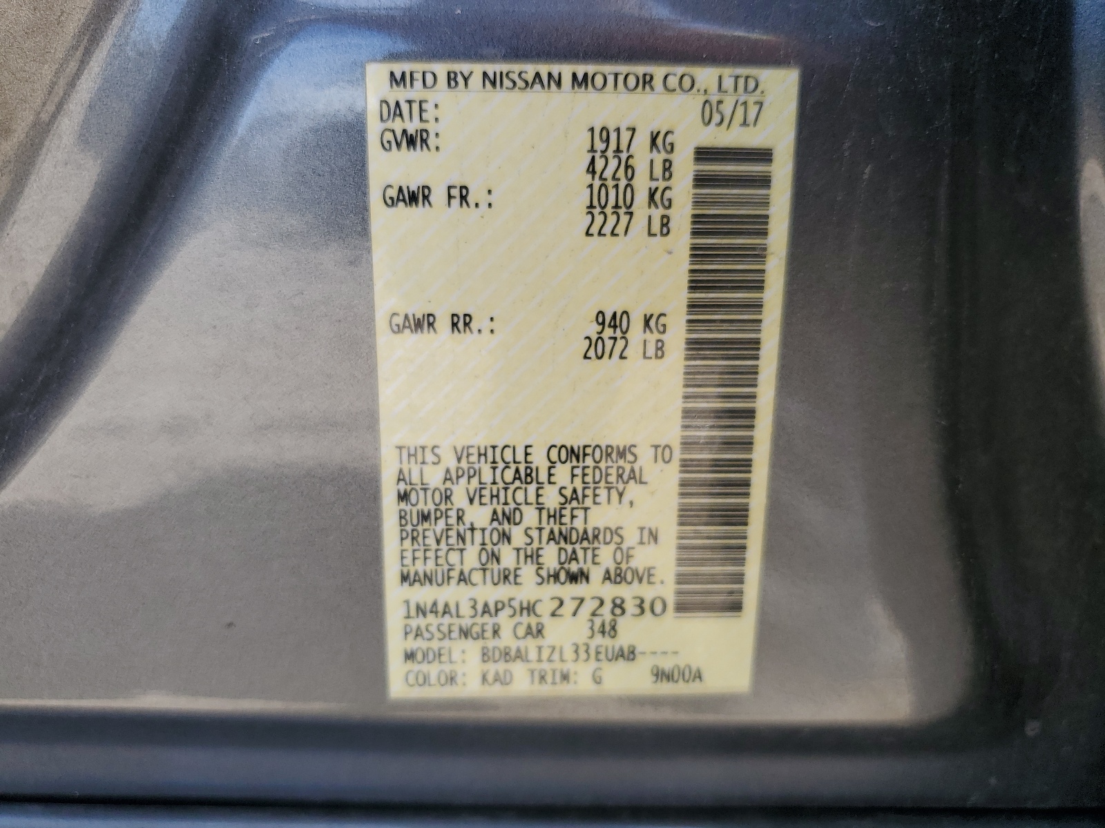 2017 Nissan Altima 2.5 vin: 1N4AL3AP5HC272830