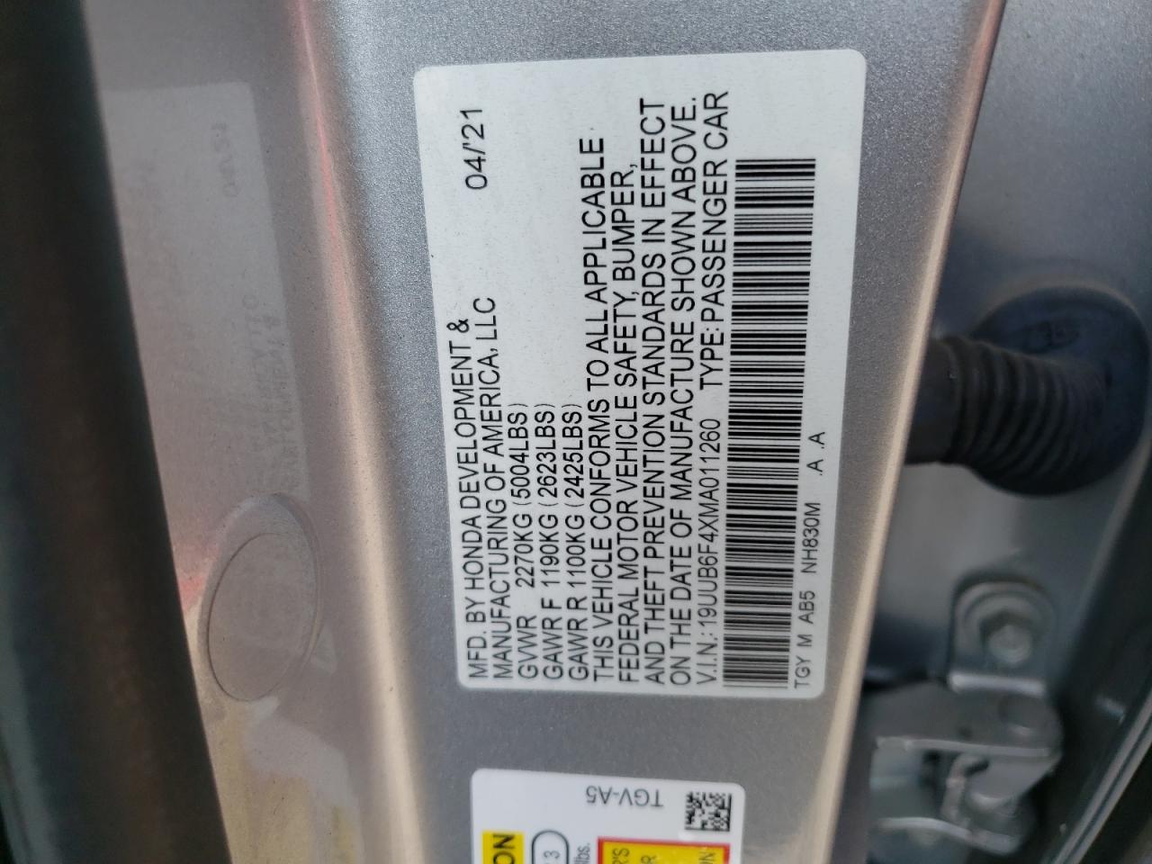 19UUB6F4XMA011260 2021 Acura Tlx Technology