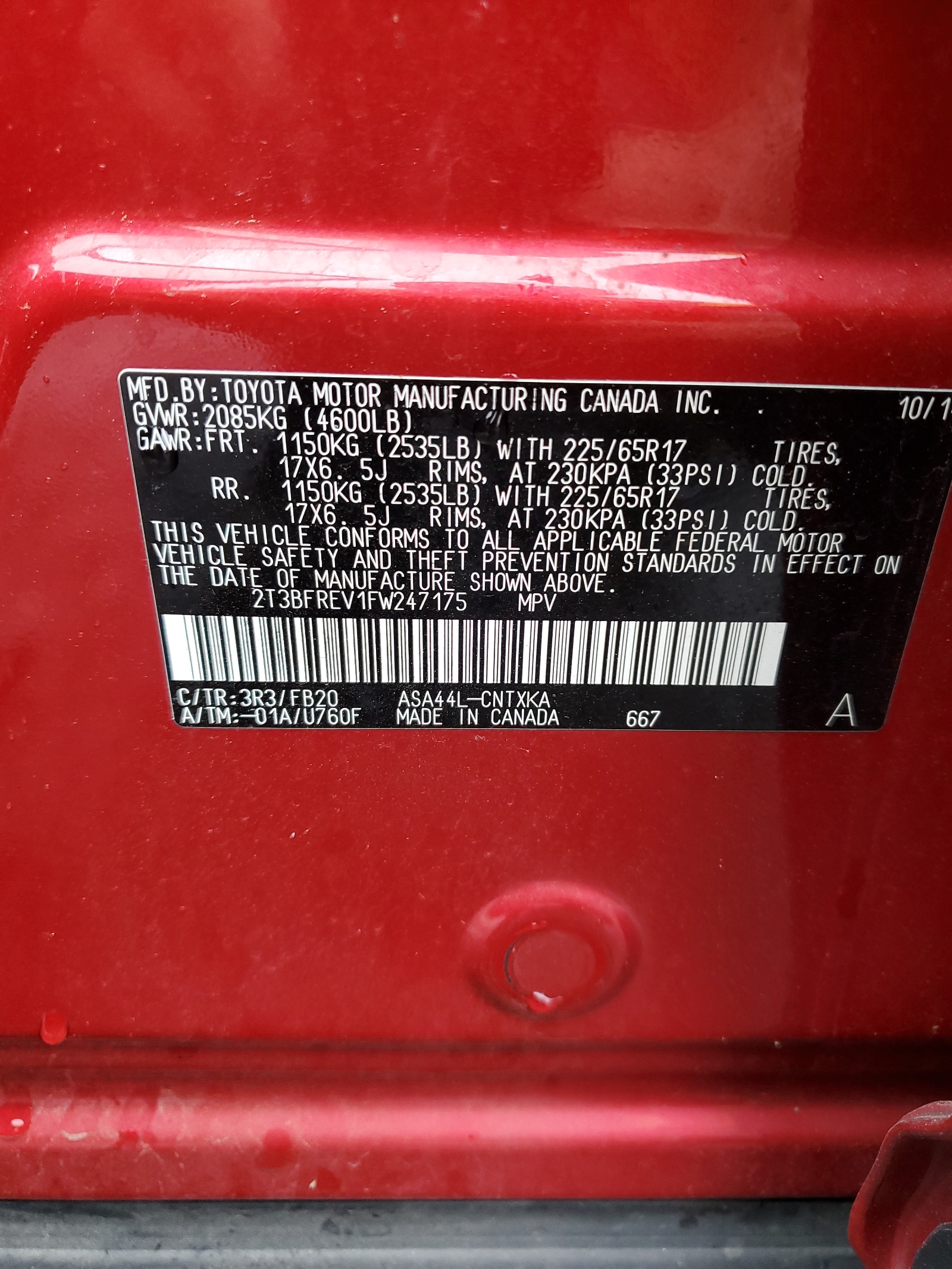 2T3BFREV1FW247175 2015 Toyota Rav4 Le