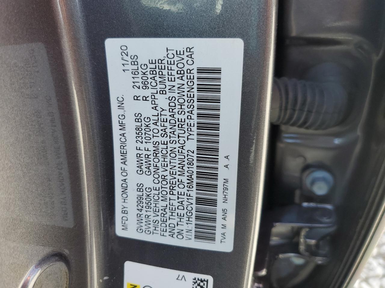 2021 Honda Accord Lx VIN: 1HGCV1F16MA018072 Lot: 63638364