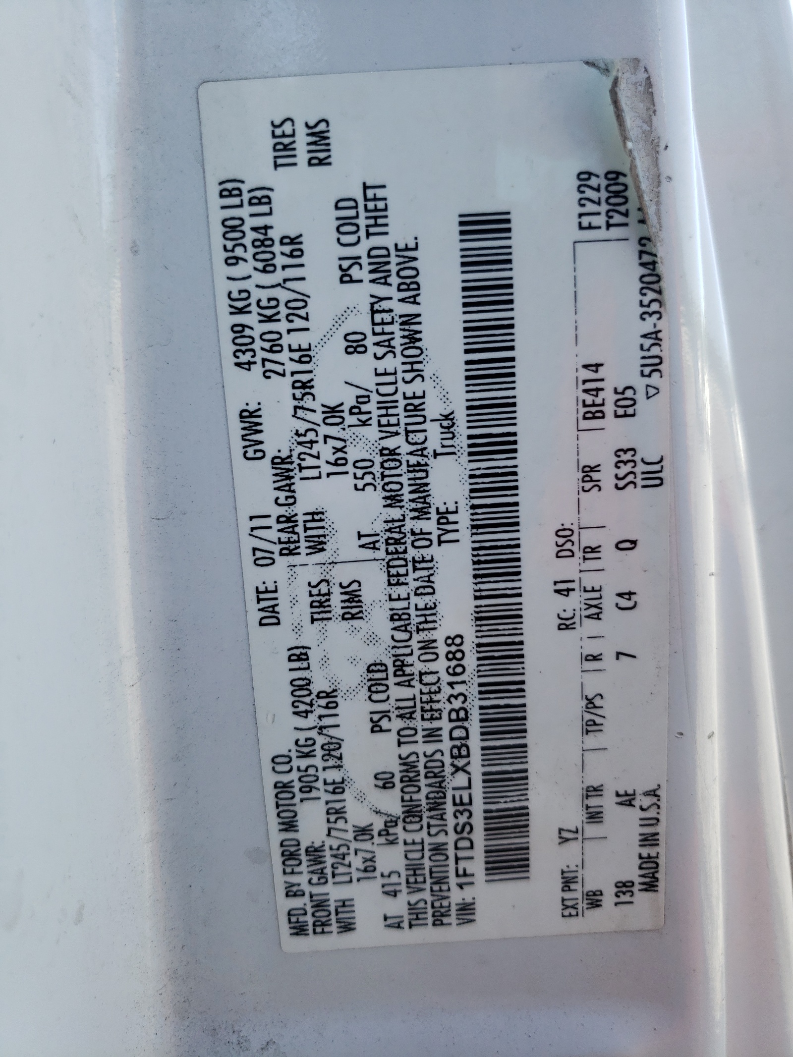 1FTDS3ELXBDB31688 2011 Ford Econoline E350 Super Duty Van