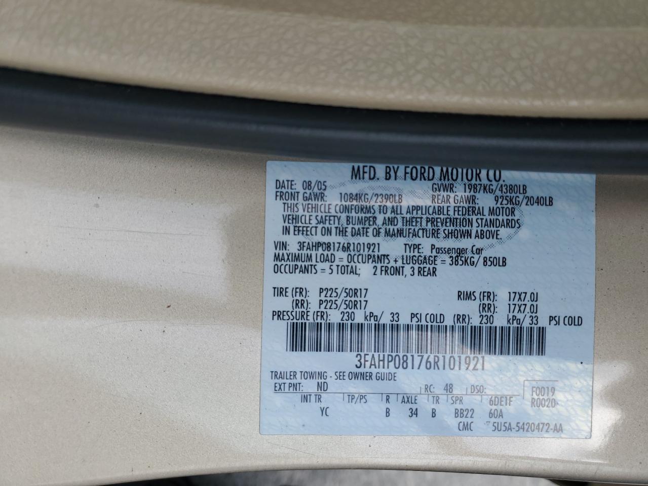 2006 Ford Fusion Sel VIN: 3FAHP08176R101921 Lot: 62055144