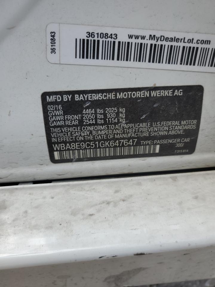 2016 BMW 328 I Sulev VIN: WBA8E9C51GK647647 Lot: 61800634