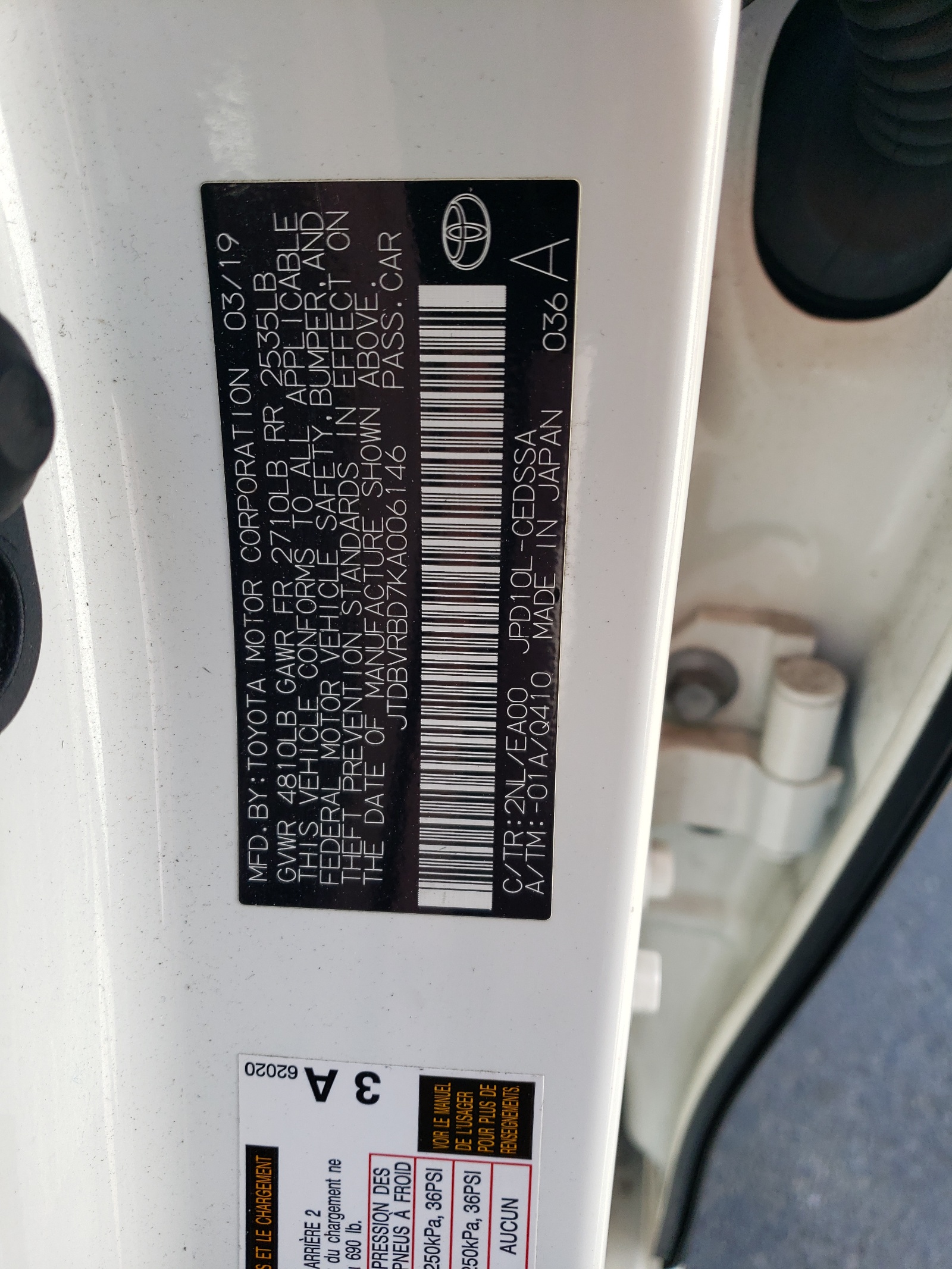 JTDBVRBD7KA006146 2019 Toyota Mirai