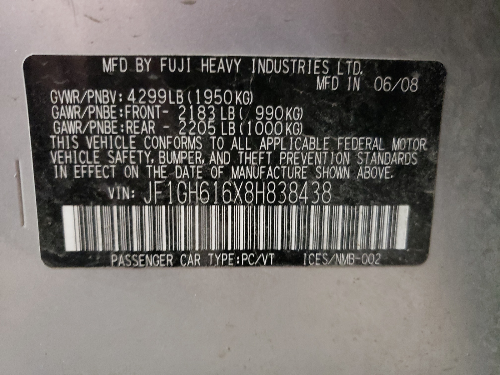 JF1GH616X8H838438 2008 Subaru Impreza 2.5I