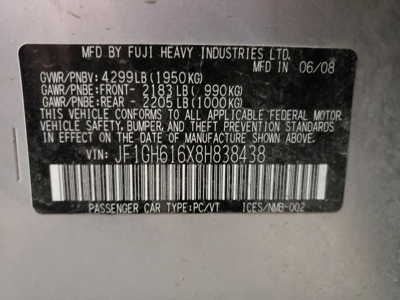 2008 Subaru Impreza 2.5I VIN: JF1GH616X8H838438 Lot: 64219114