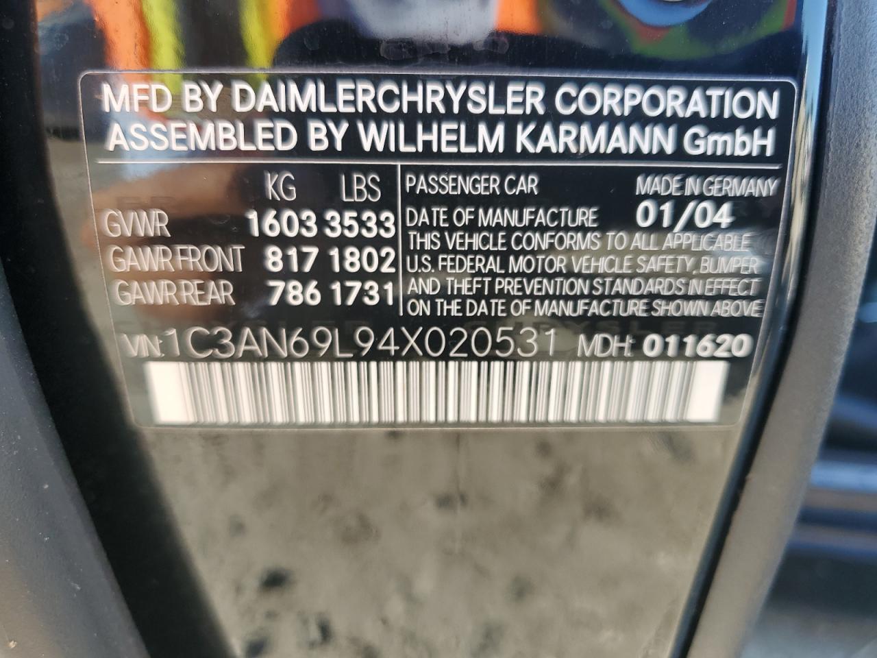 2004 Chrysler Crossfire Limited VIN: 1C3AN69L94X020531 Lot: 62224864