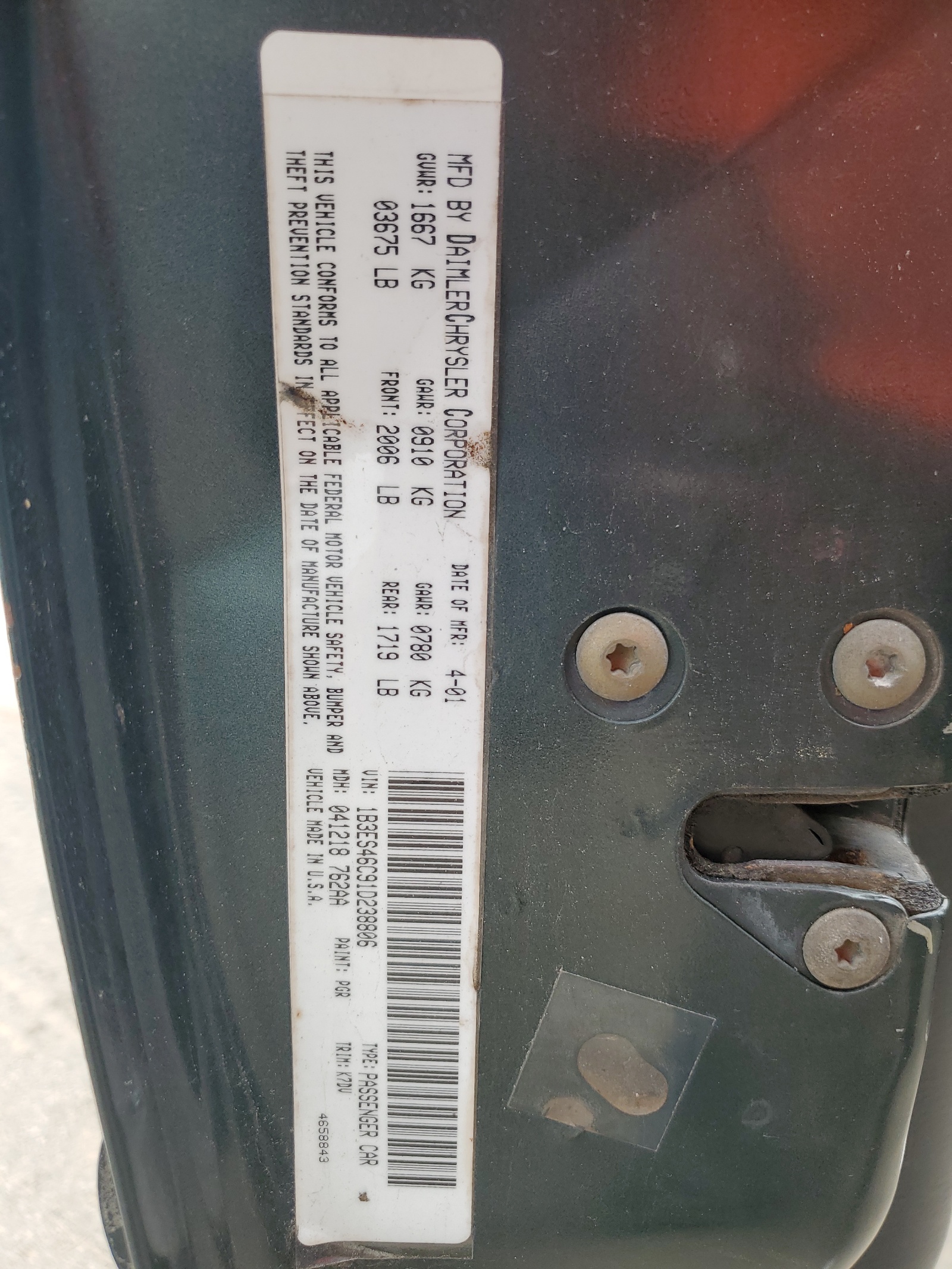 1B3ES46C91D238806 2001 Dodge Neon Se