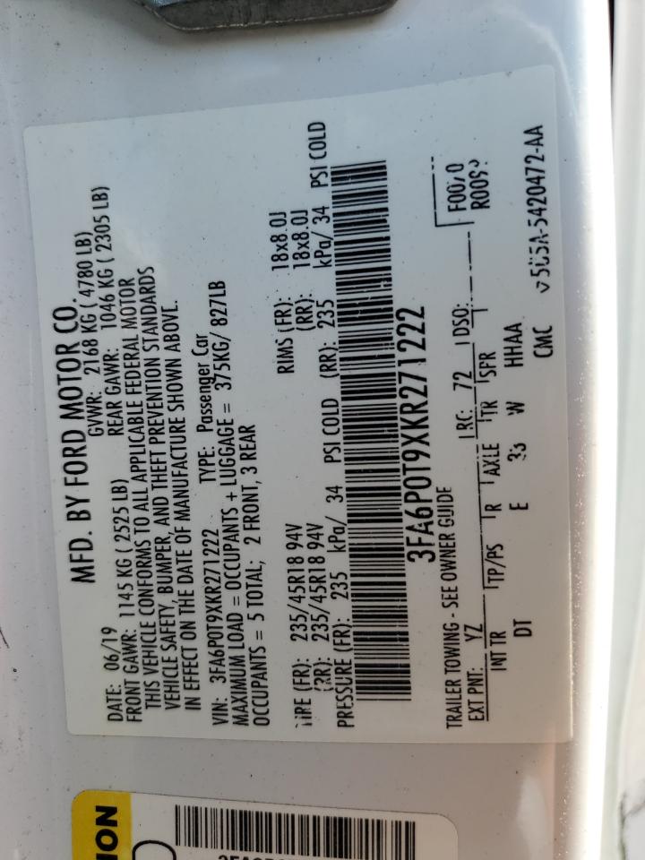 2019 Ford Fusion Se VIN: 3FA6P0T9XKR271222 Lot: 63687924