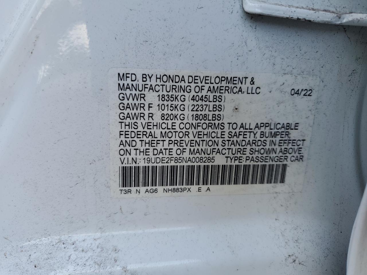 19UDE2F85NA008285 2022 Acura Ilx Premium A-Spec