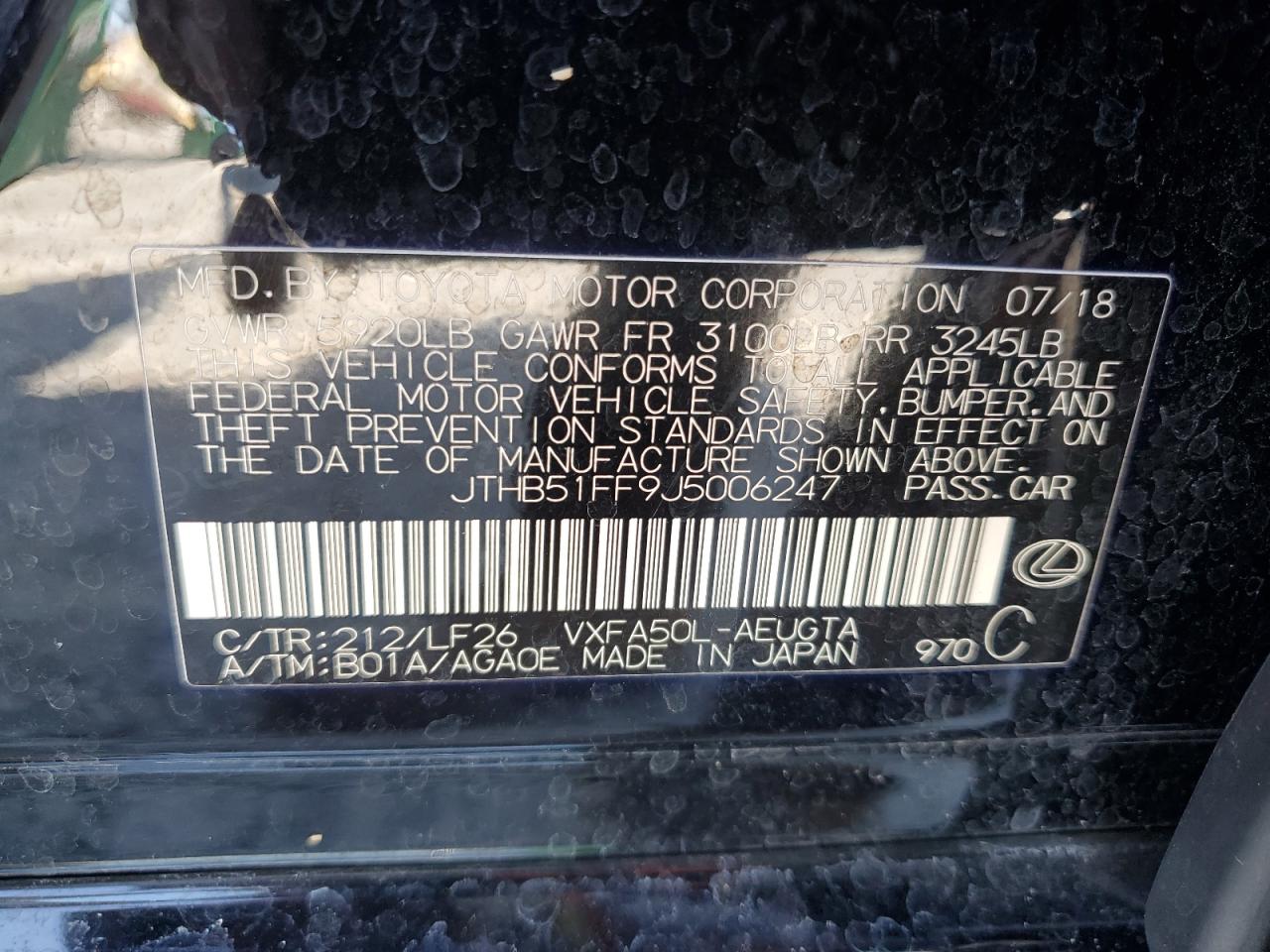 2018 Lexus Ls 500 Base VIN: JTHB51FF9J5006247 Lot: 63524764