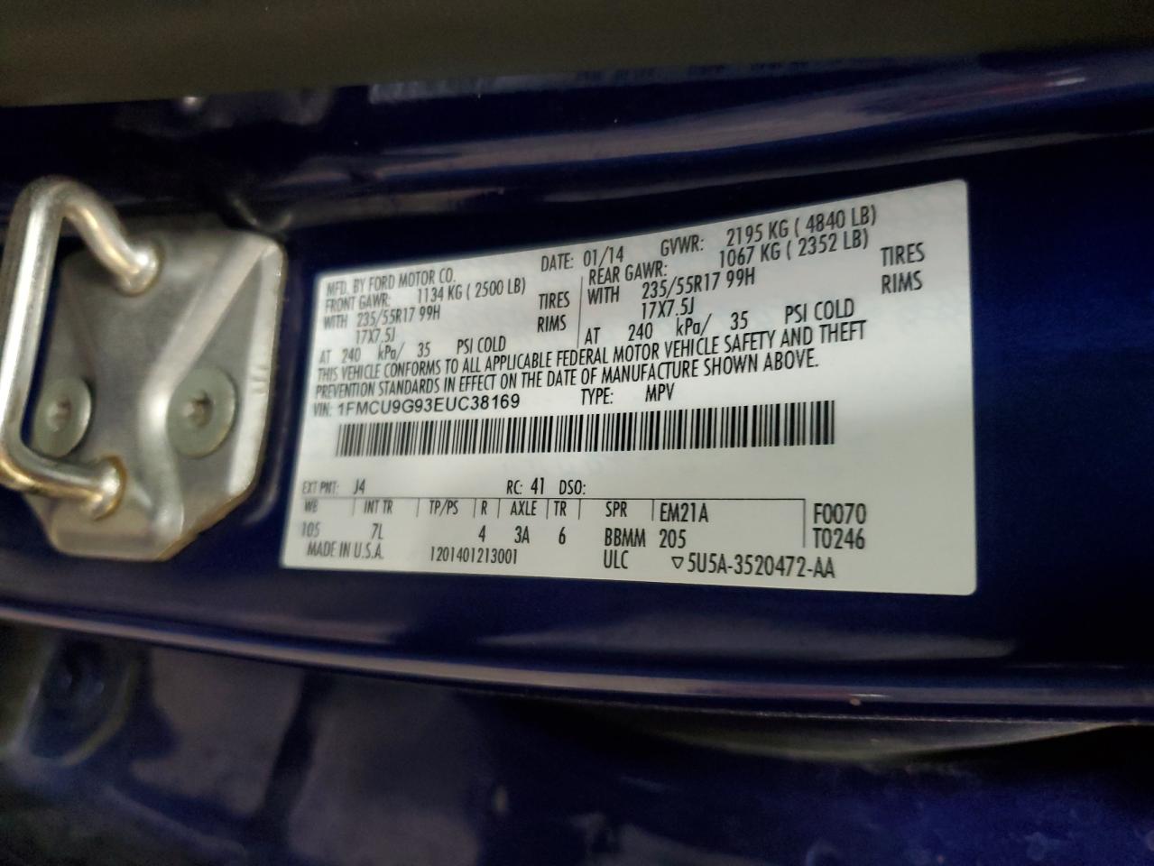 2014 Ford Escape Se VIN: 1FMCU9G93EUC38169 Lot: 64938664