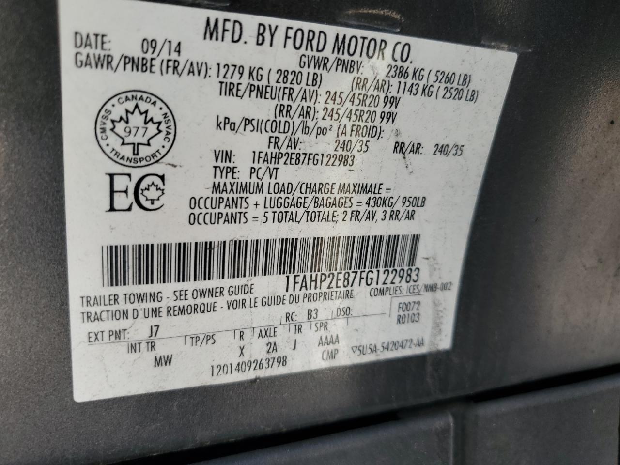 1FAHP2E87FG122983 2015 Ford Taurus Sel