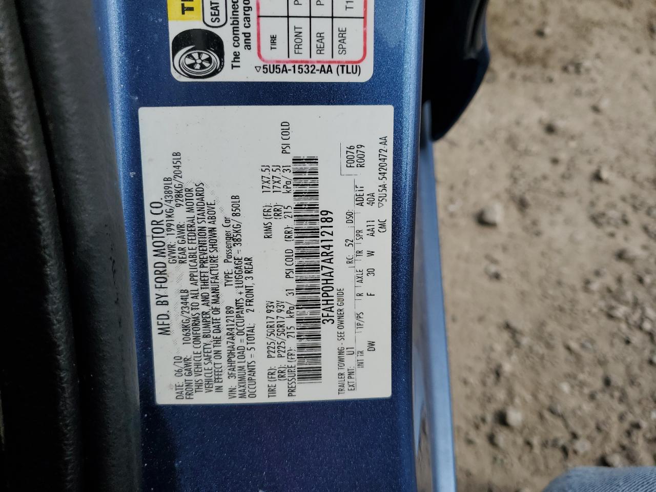 2010 Ford Fusion Se VIN: 3FAHP0HA7AR412189 Lot: 61294434