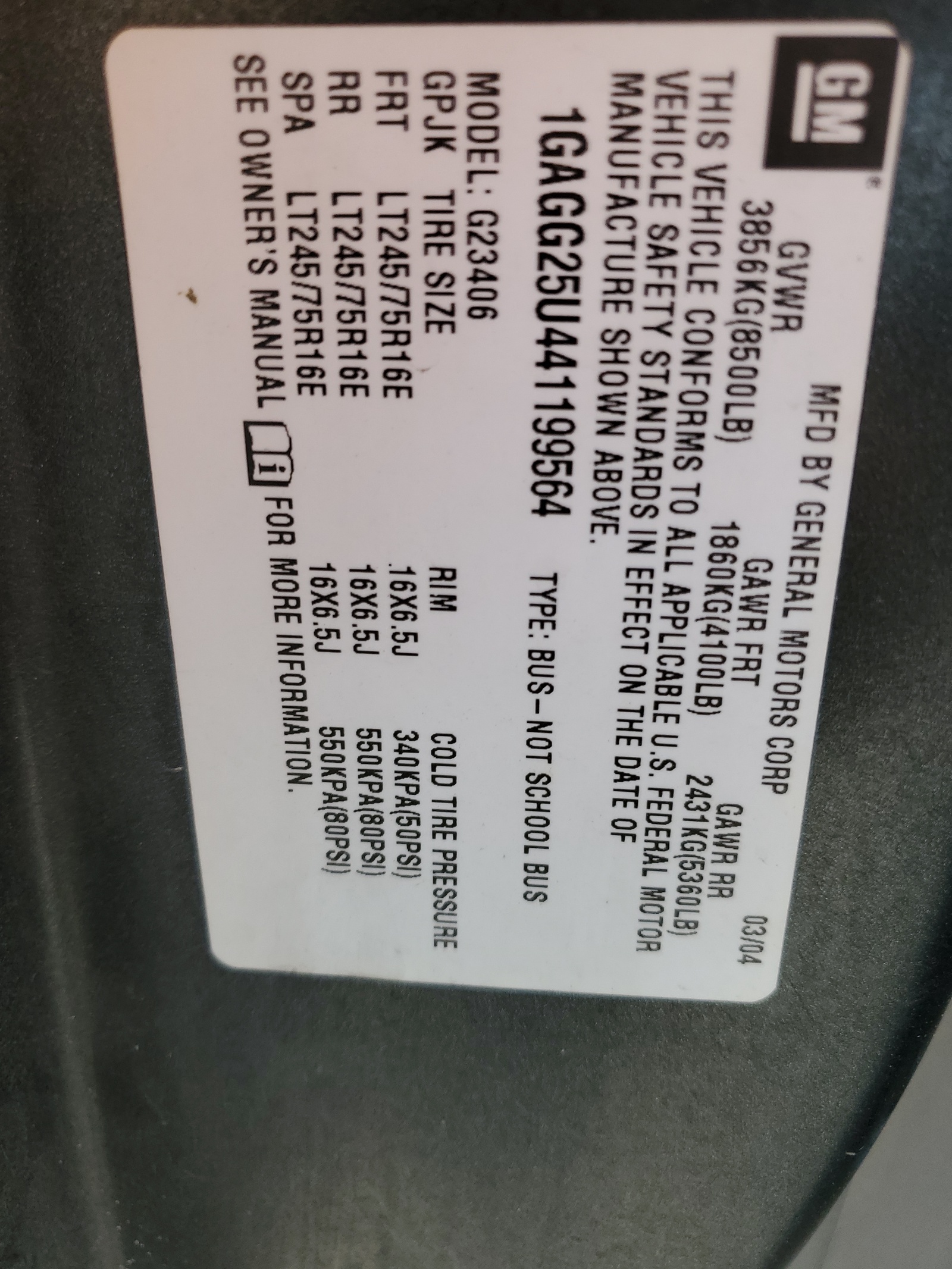 1GAGG25U441199564 2004 Chevrolet Express G2500