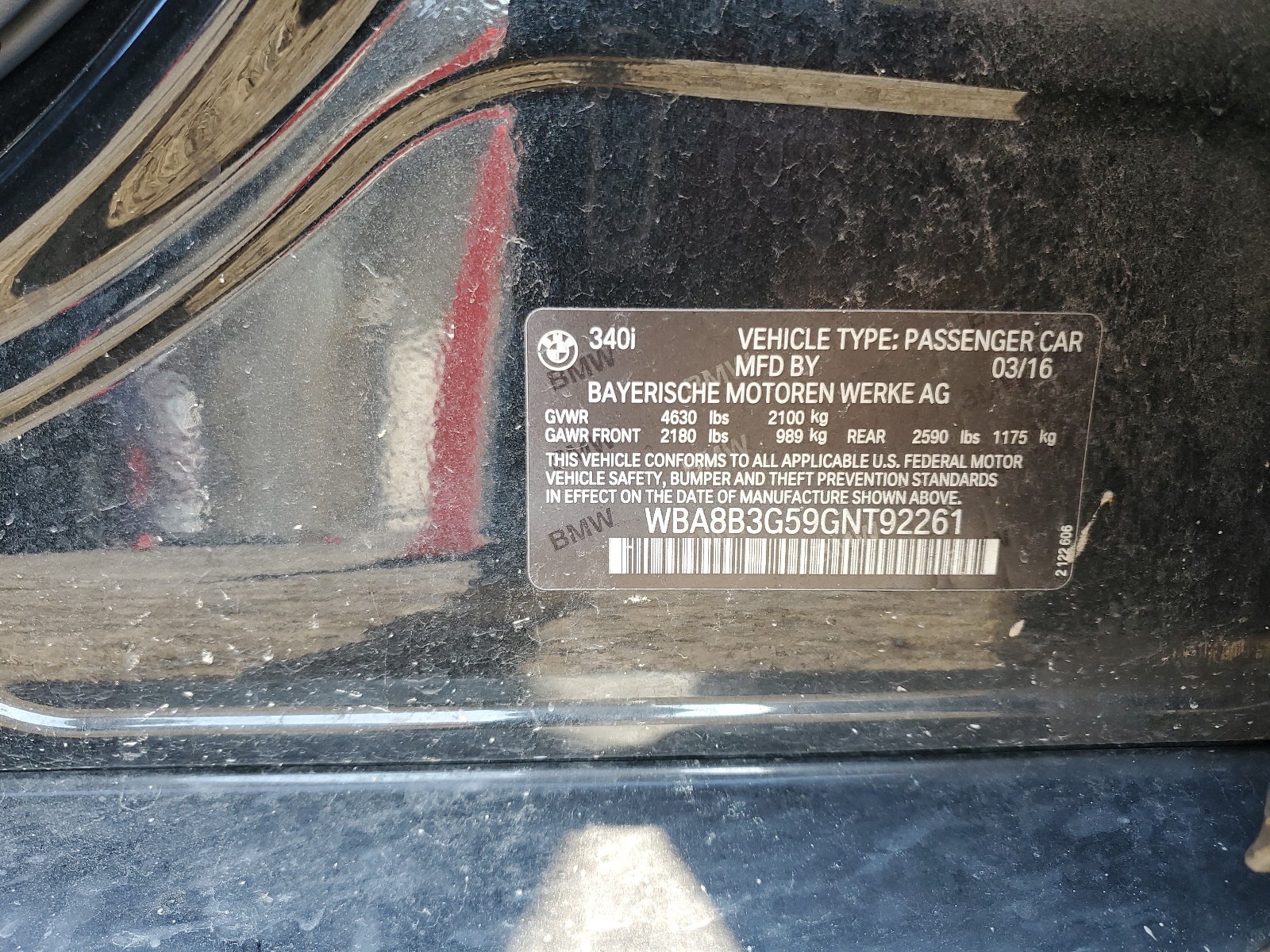 WBA8B3G59GNT92261 2016 BMW 340 I