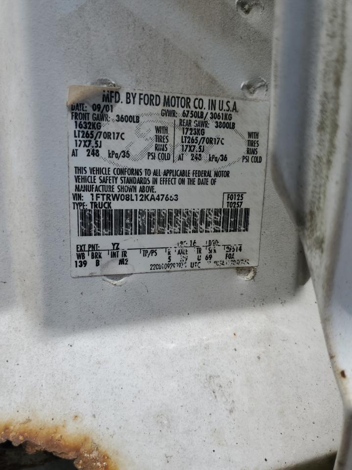2002 Ford F150 Supercrew VIN: 1FTRW08L12KA47663 Lot: 64344624