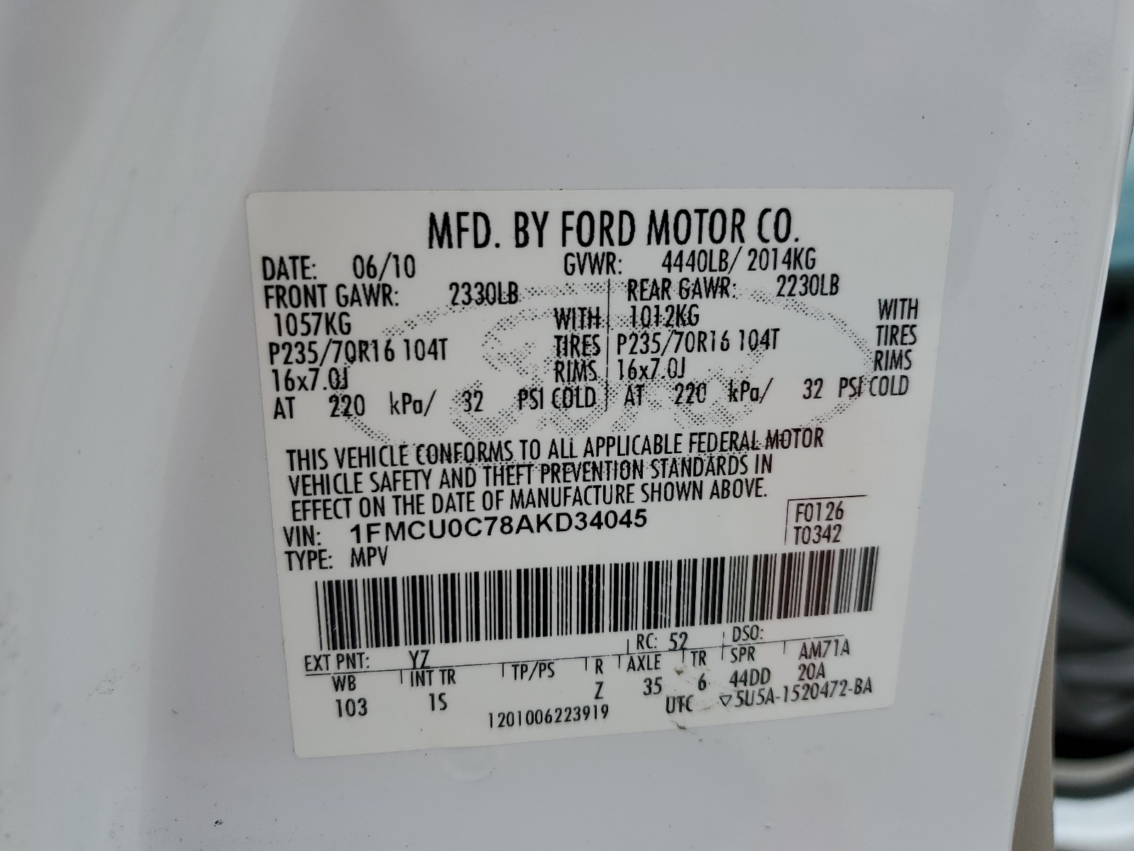 1FMCU0C78AKD34045 2010 Ford Escape Xls