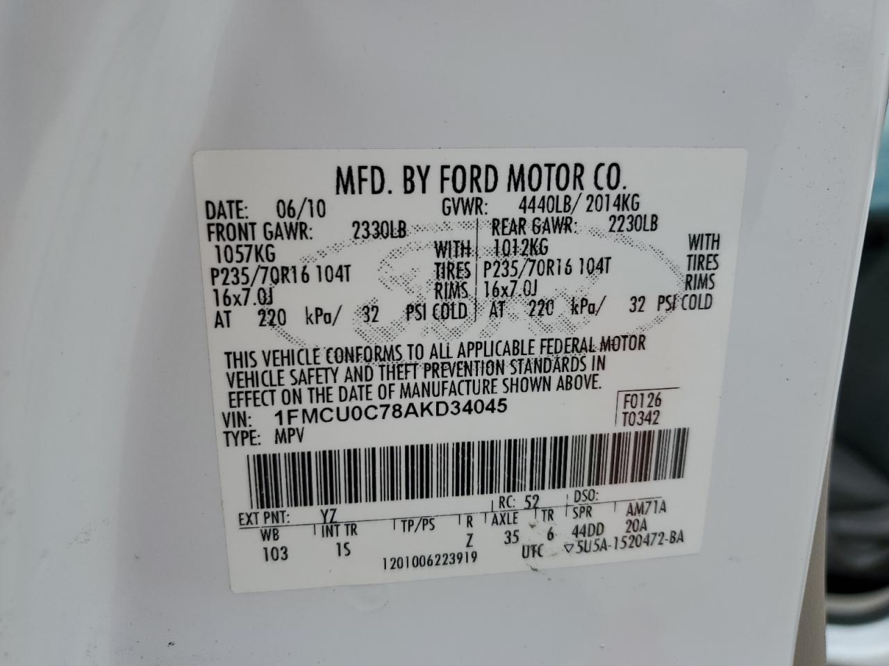 2010 Ford Escape Xls VIN: 1FMCU0C78AKD34045 Lot: 62819454