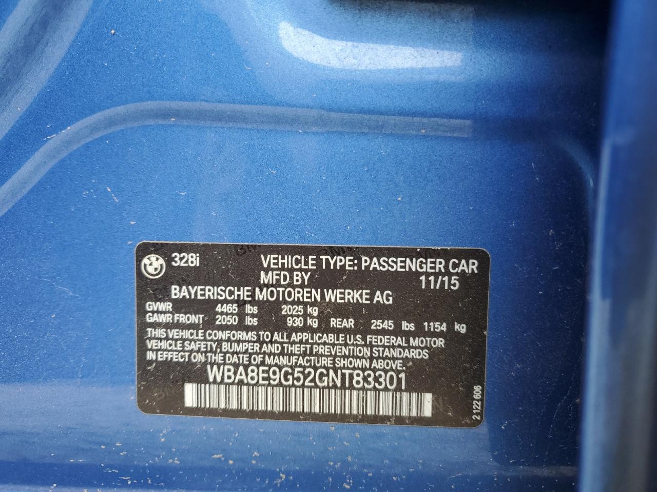 2016 BMW 328 I Sulev VIN: WBA8E9G52GNT83301 Lot: 60621144