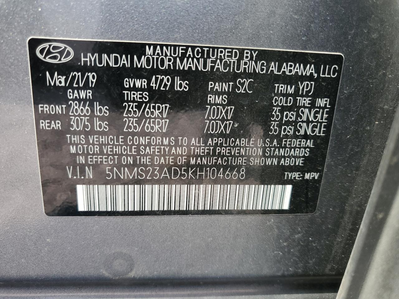 5NMS23AD5KH104668 2019 Hyundai Santa Fe Se