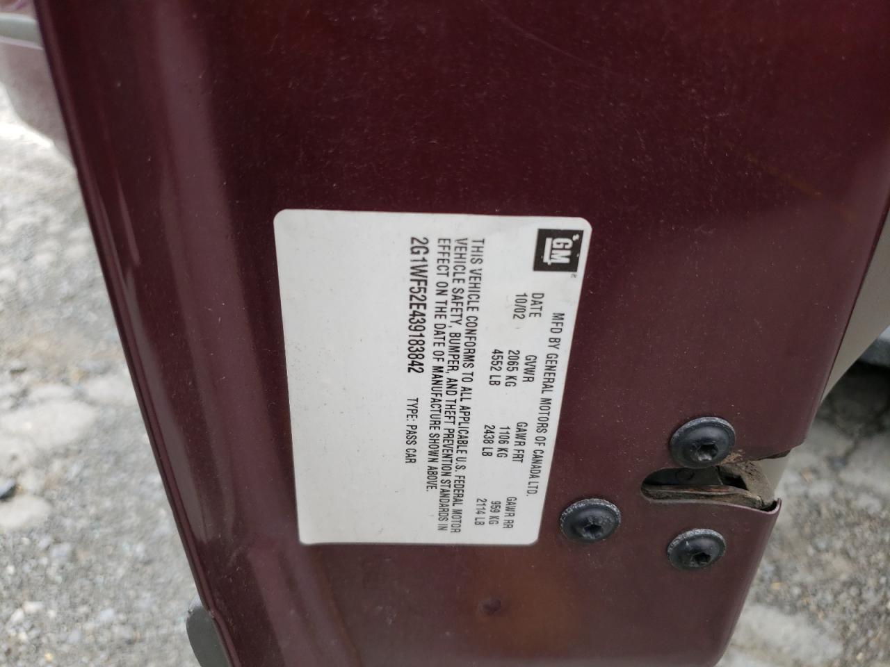 2003 Chevrolet Impala VIN: 2G1WF52E439183842 Lot: 62493454