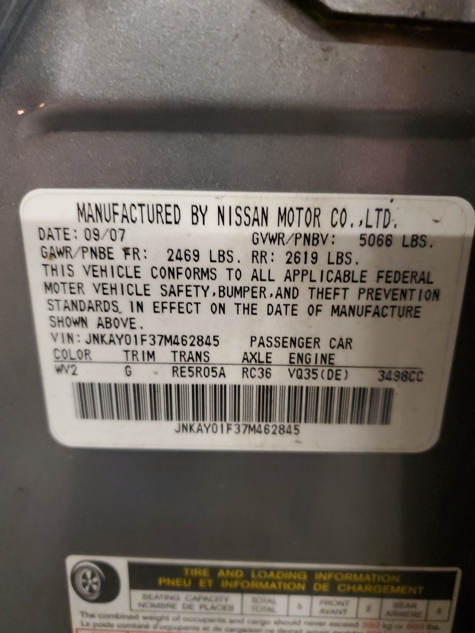 JNKAY01F37M462845 2007 Infiniti M35 Base