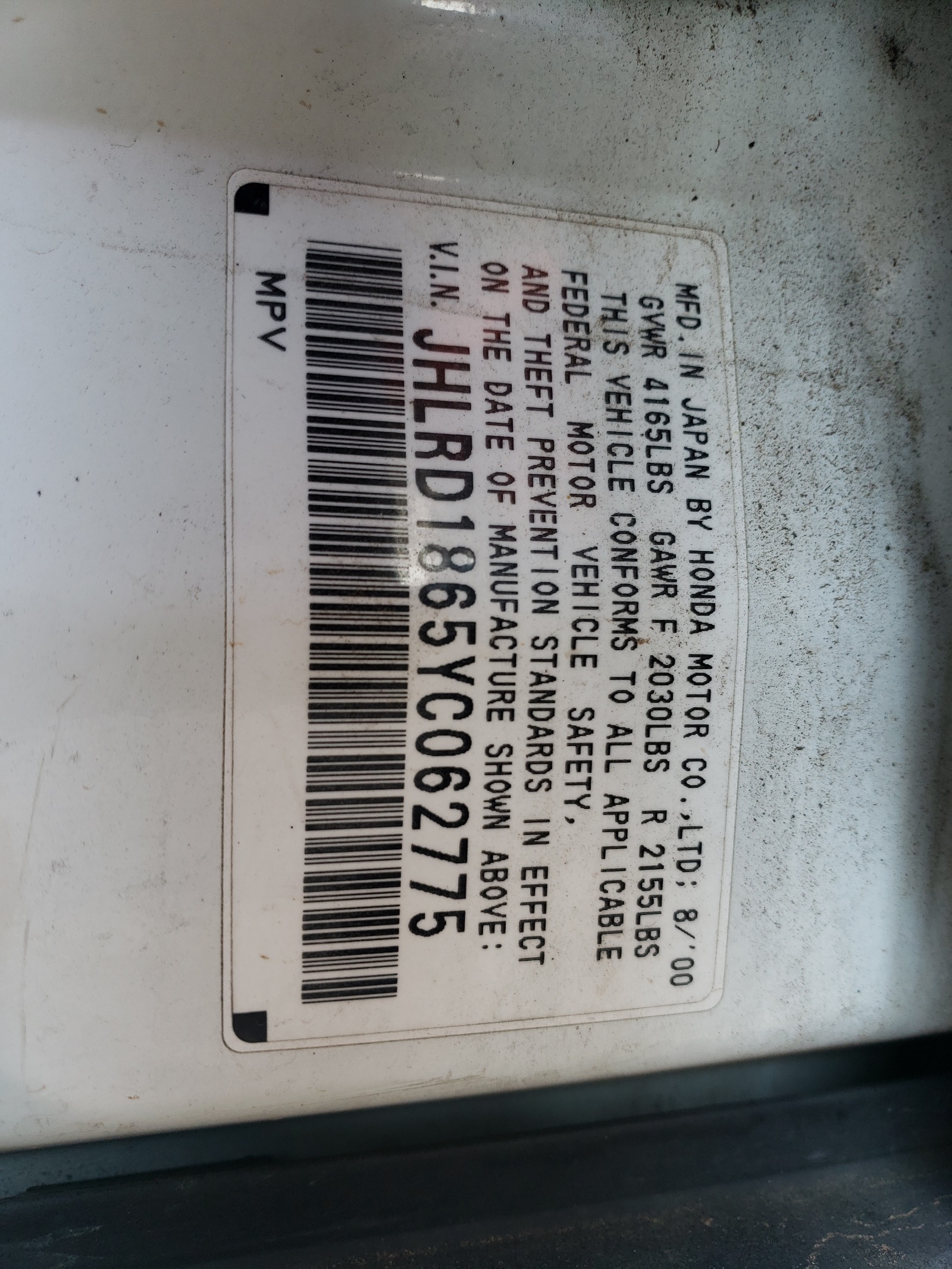 JHLRD1865YC062775 2000 Honda Cr-V Ex