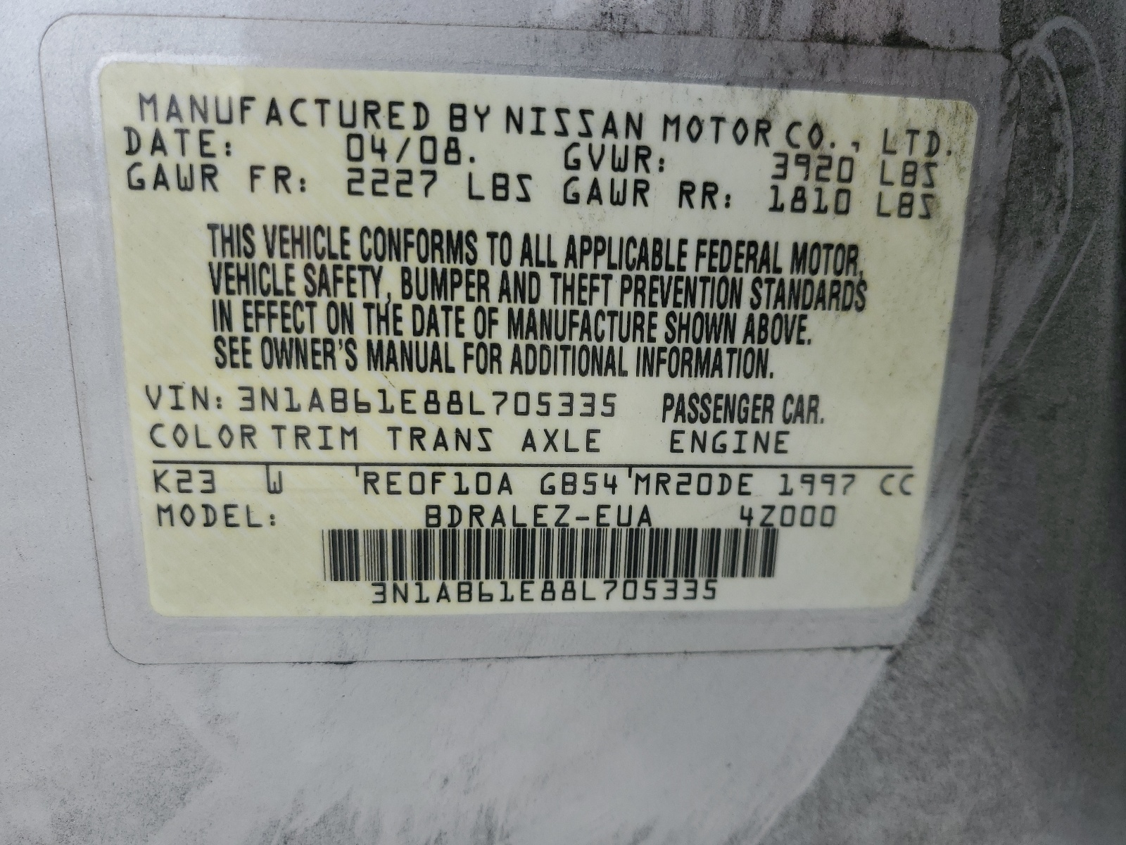 3N1AB61E88L705335 2008 Nissan Sentra 2.0