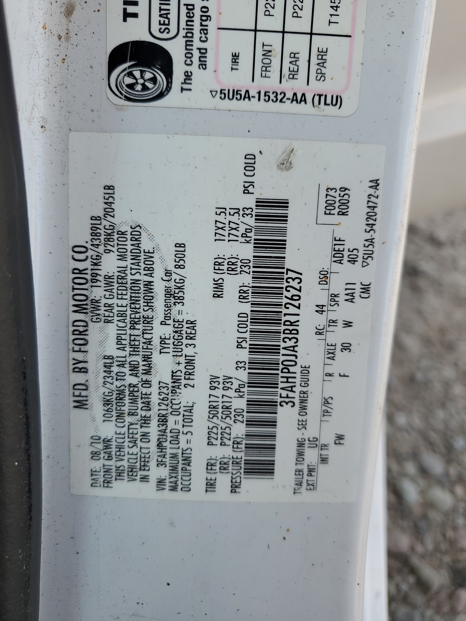 3FAHP0JA3BR126237 2011 Ford Fusion Sel