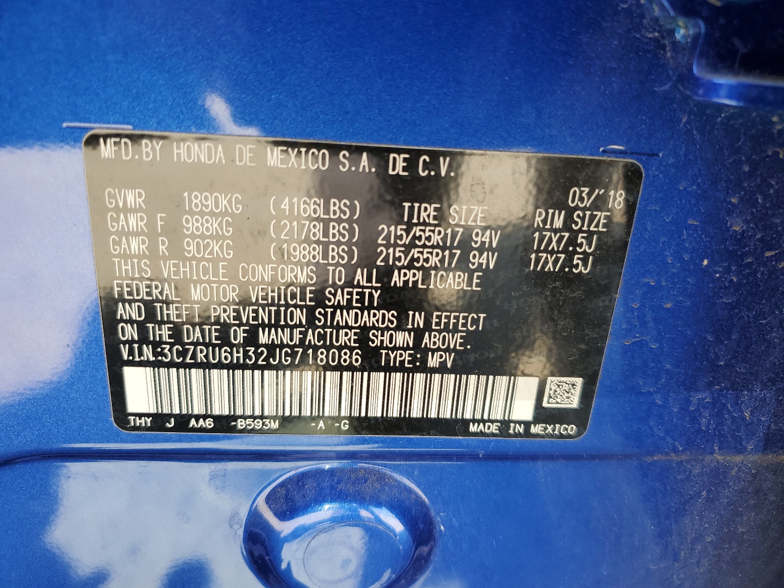 3CZRU6H32JG718086 2018 Honda Hr-V Lx