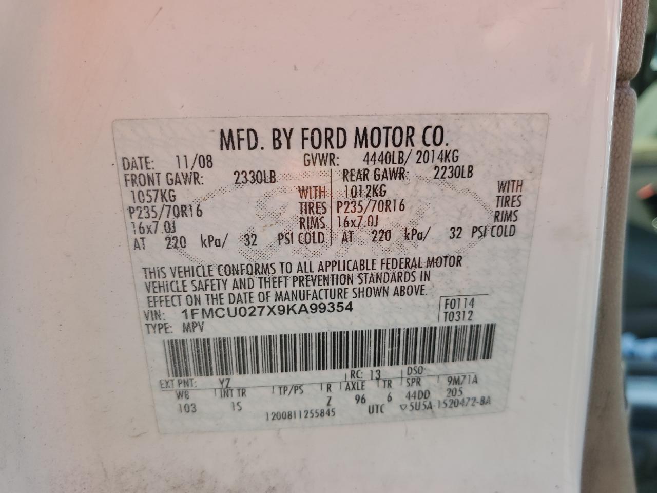 2009 Ford Escape Xls VIN: 1FMCU027X9KA99354 Lot: 61675164