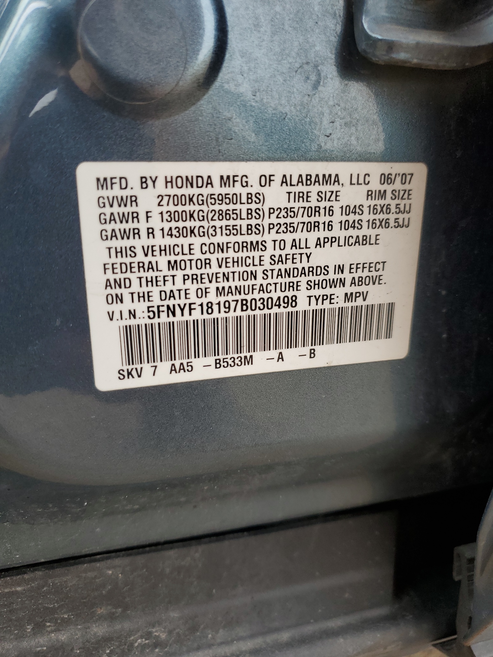 5FNYF18197B030498 2007 Honda Pilot Lx