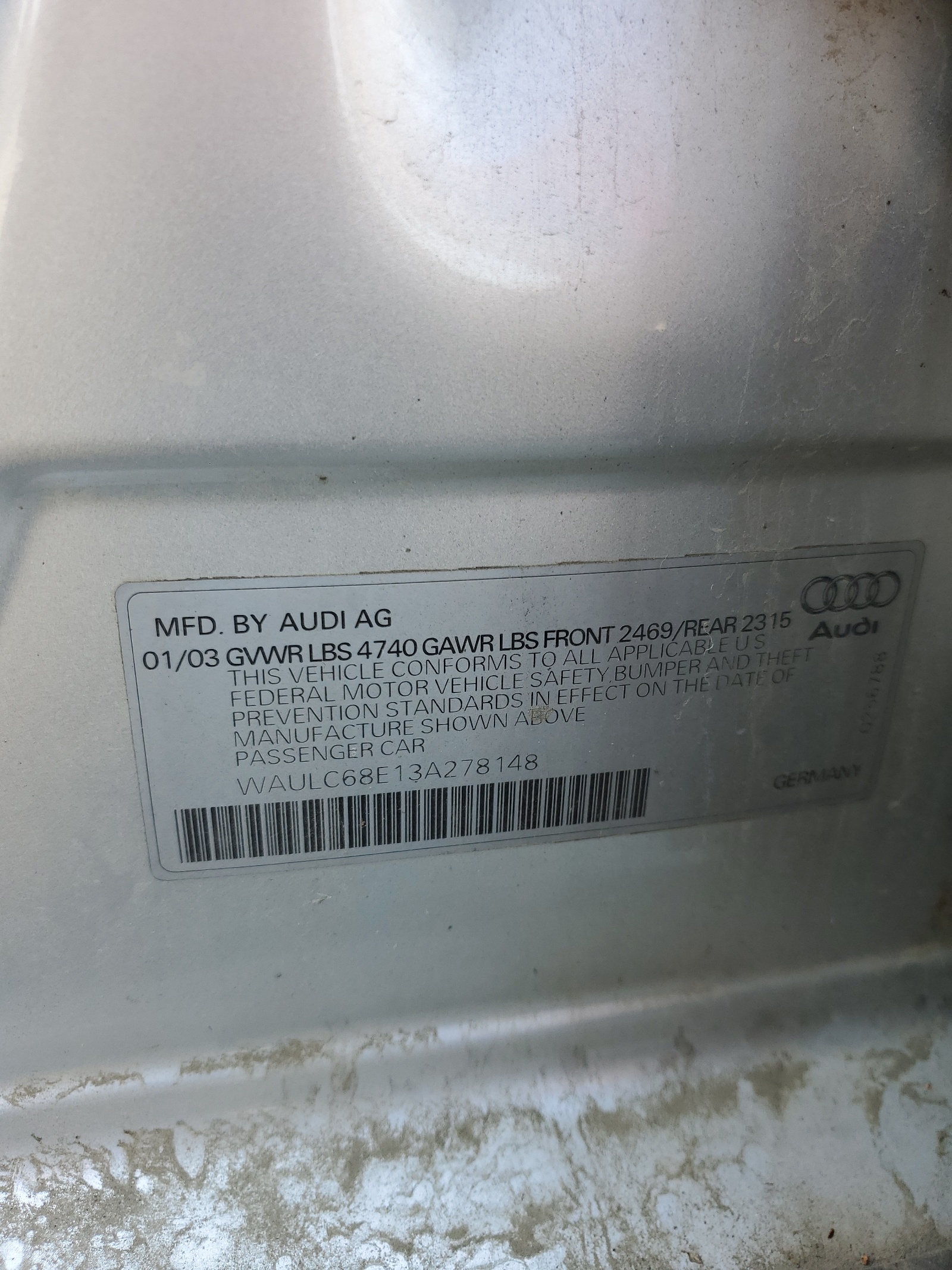 WAULC68E13A278148 2003 Audi A4 1.8T Quattro