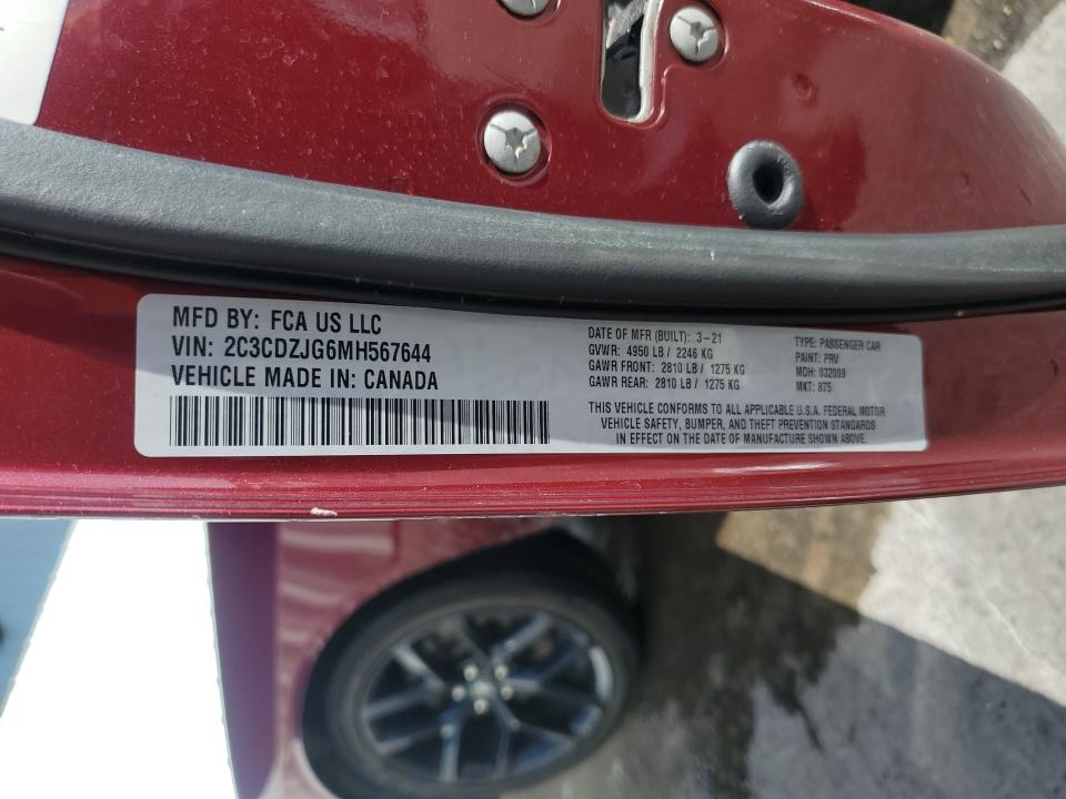 2C3CDZJG6MH567644 2021 Dodge Challenger Gt