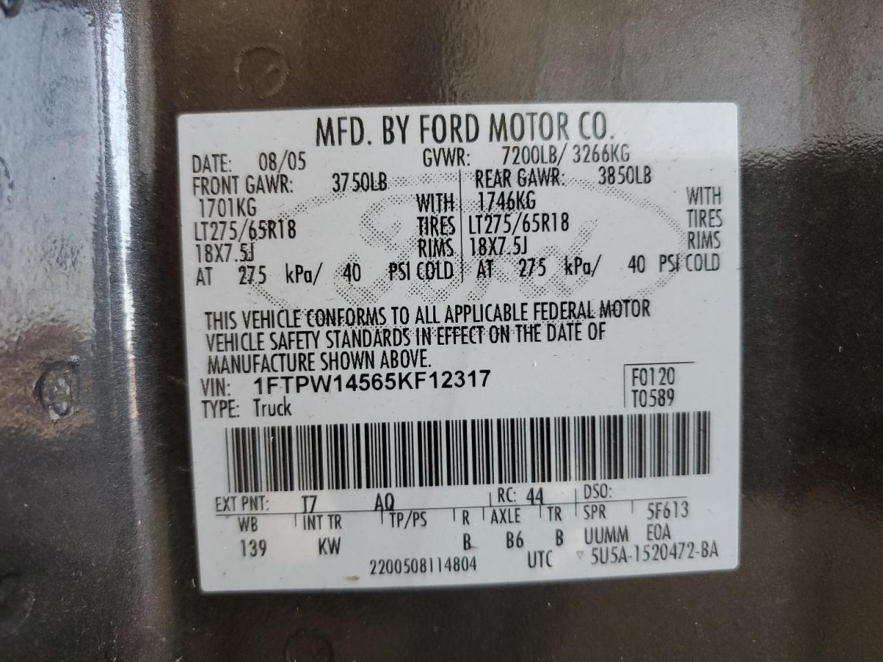 2005 Ford F150 Supercrew VIN: 1FTPW14565KF12317 Lot: 64648734