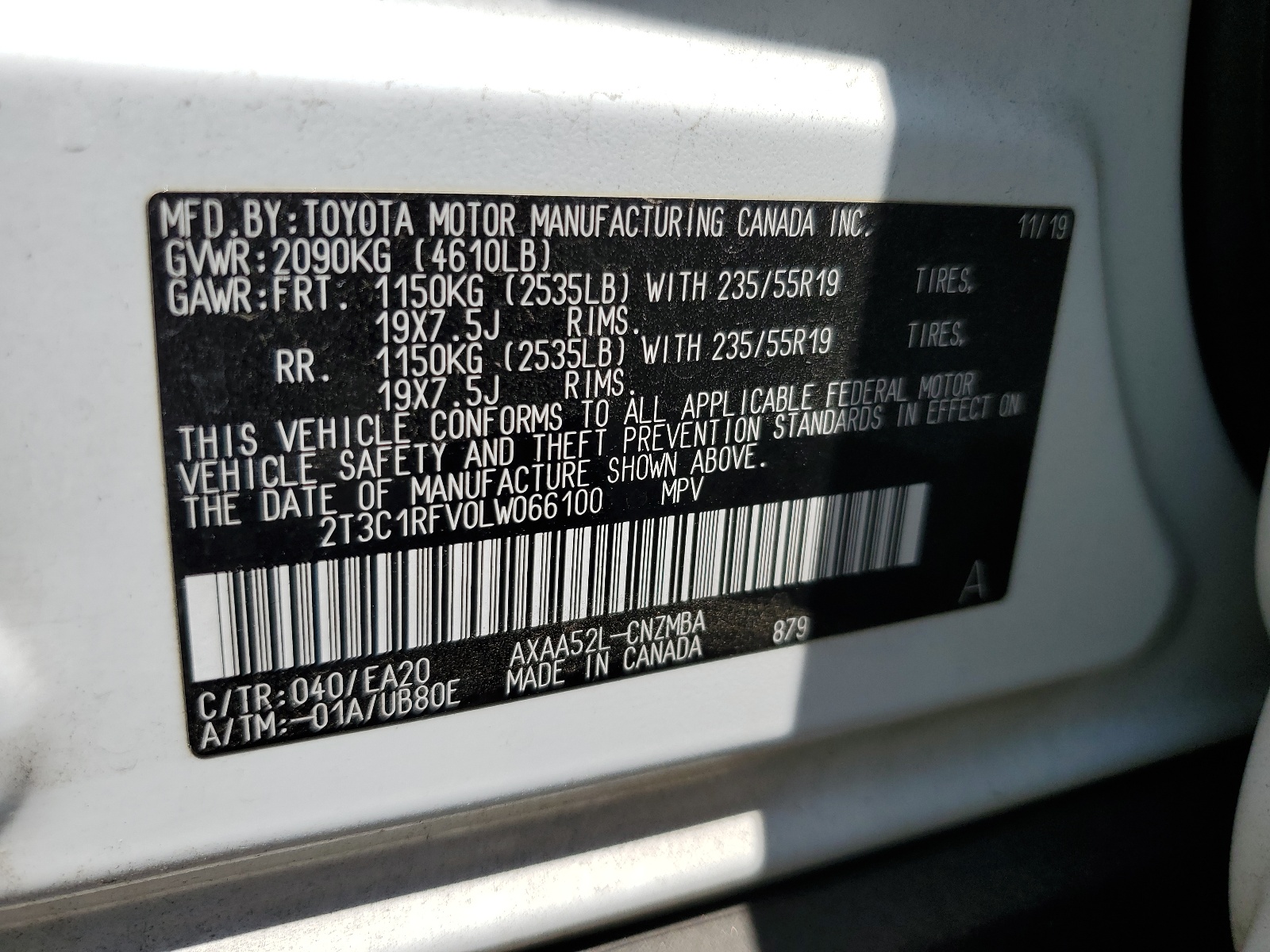 2T3C1RFV0LW066100 2020 Toyota Rav4 Xle Premium