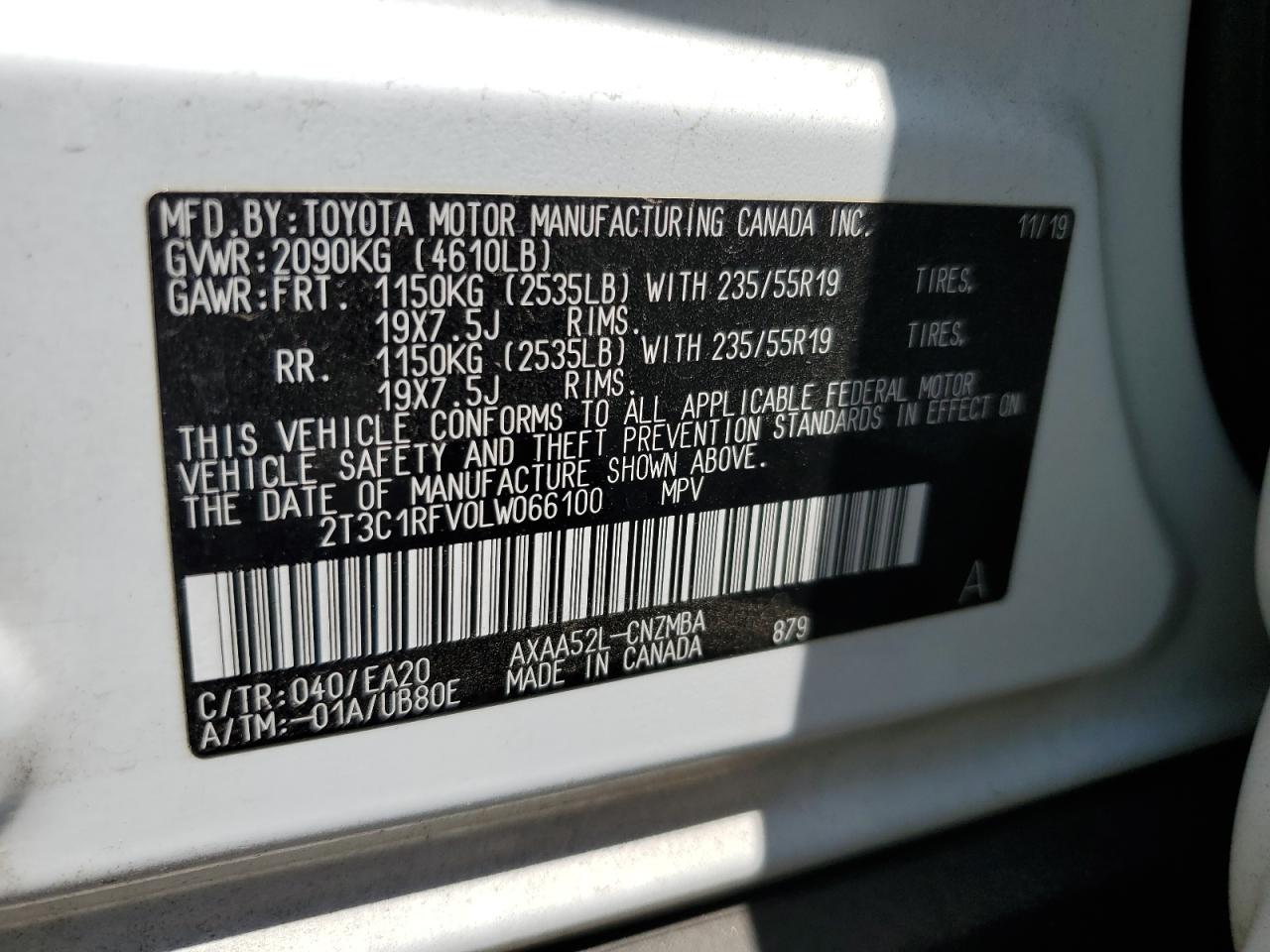 2020 Toyota Rav4 Xle Premium VIN: 2T3C1RFV0LW066100 Lot: 64781954