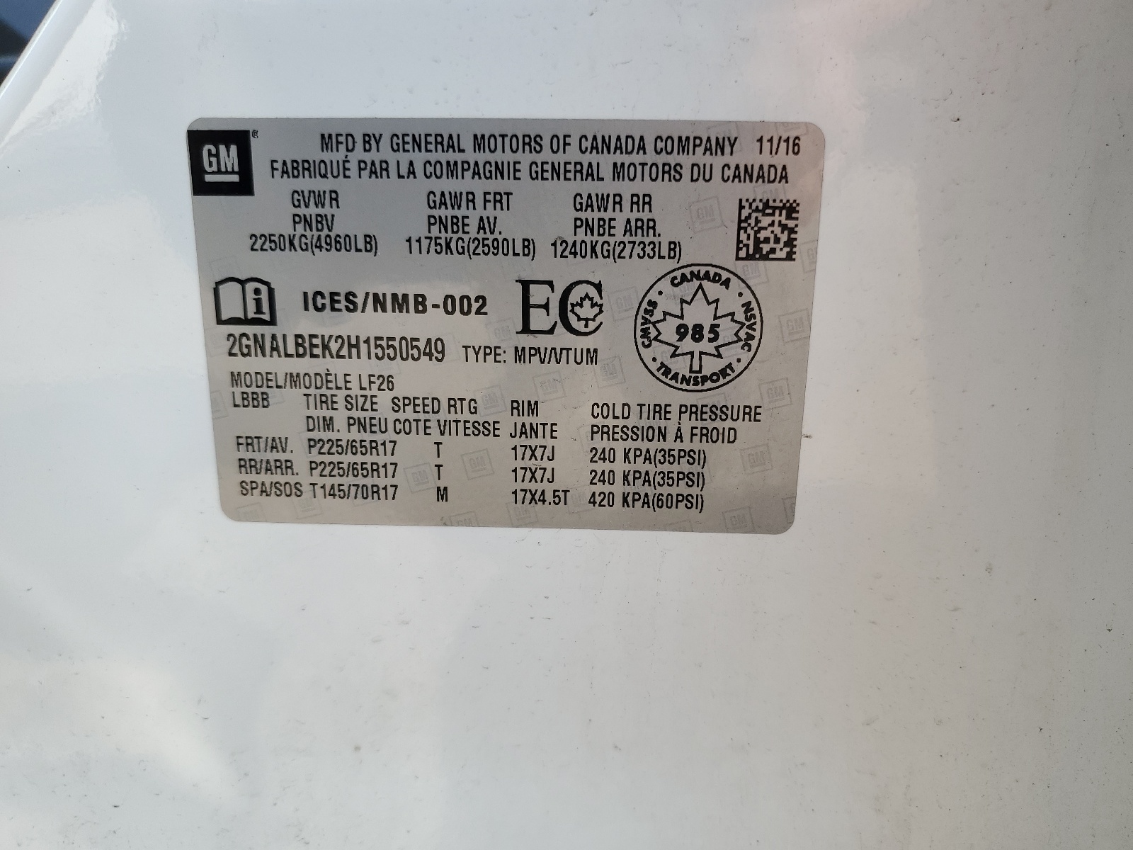 2GNALBEK2H1550549 2017 Chevrolet Equinox Ls