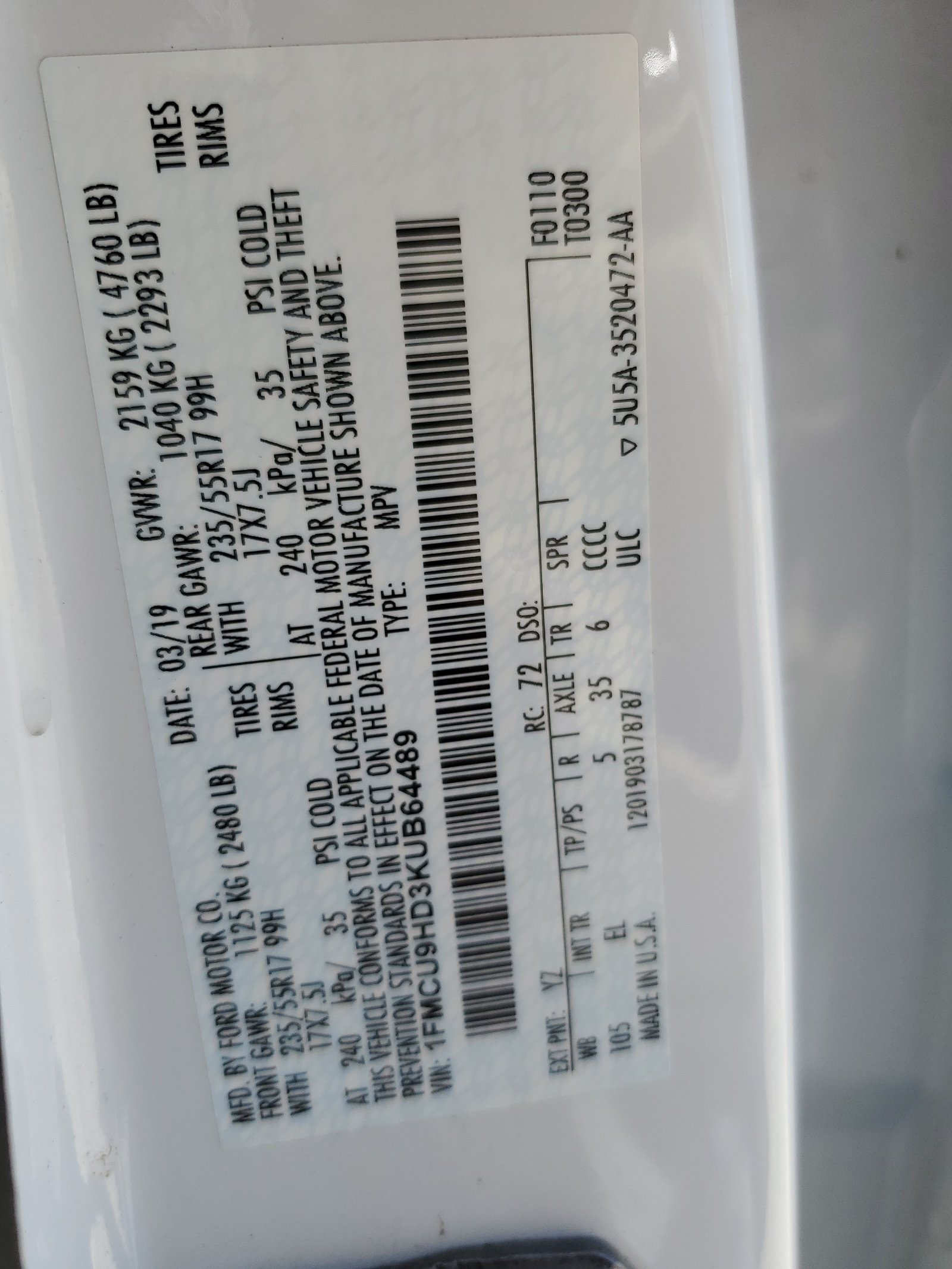 1FMCU9HD3KUB64489 2019 Ford Escape Sel