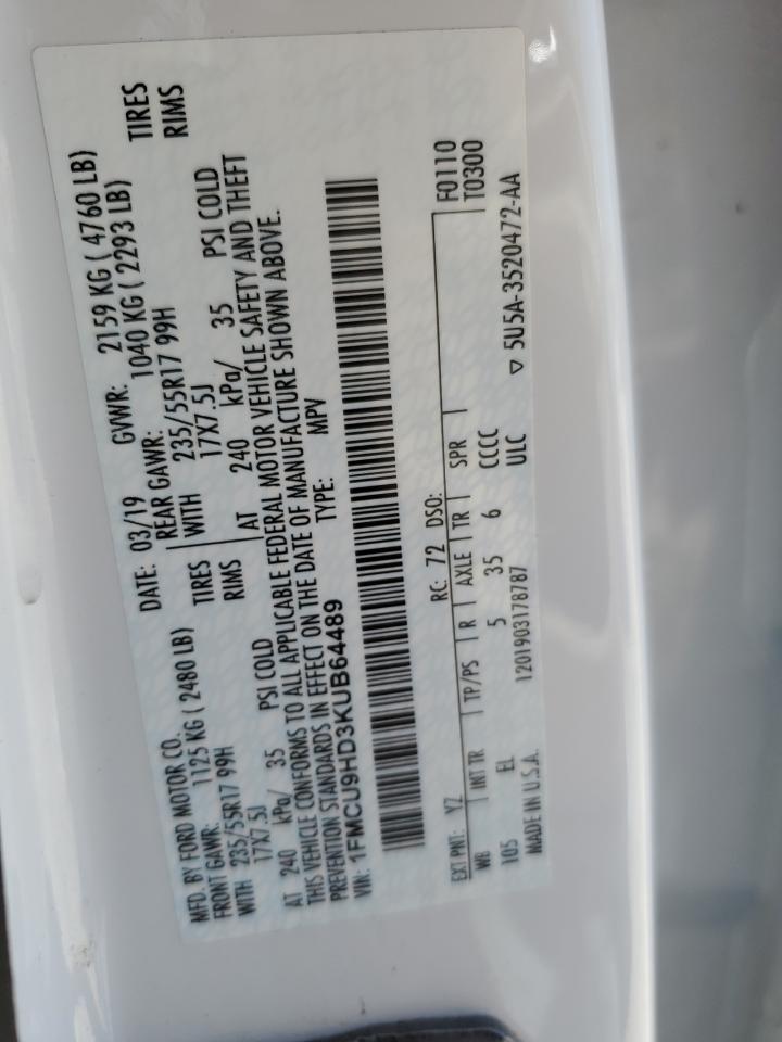 2019 Ford Escape Sel VIN: 1FMCU9HD3KUB64489 Lot: 63561964