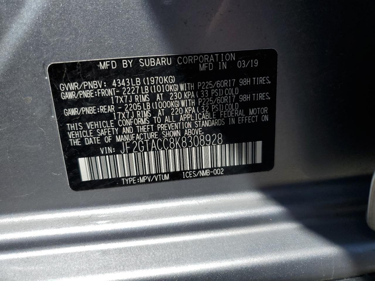 JF2GTACC8K8308928 2019 Subaru Crosstrek Premium