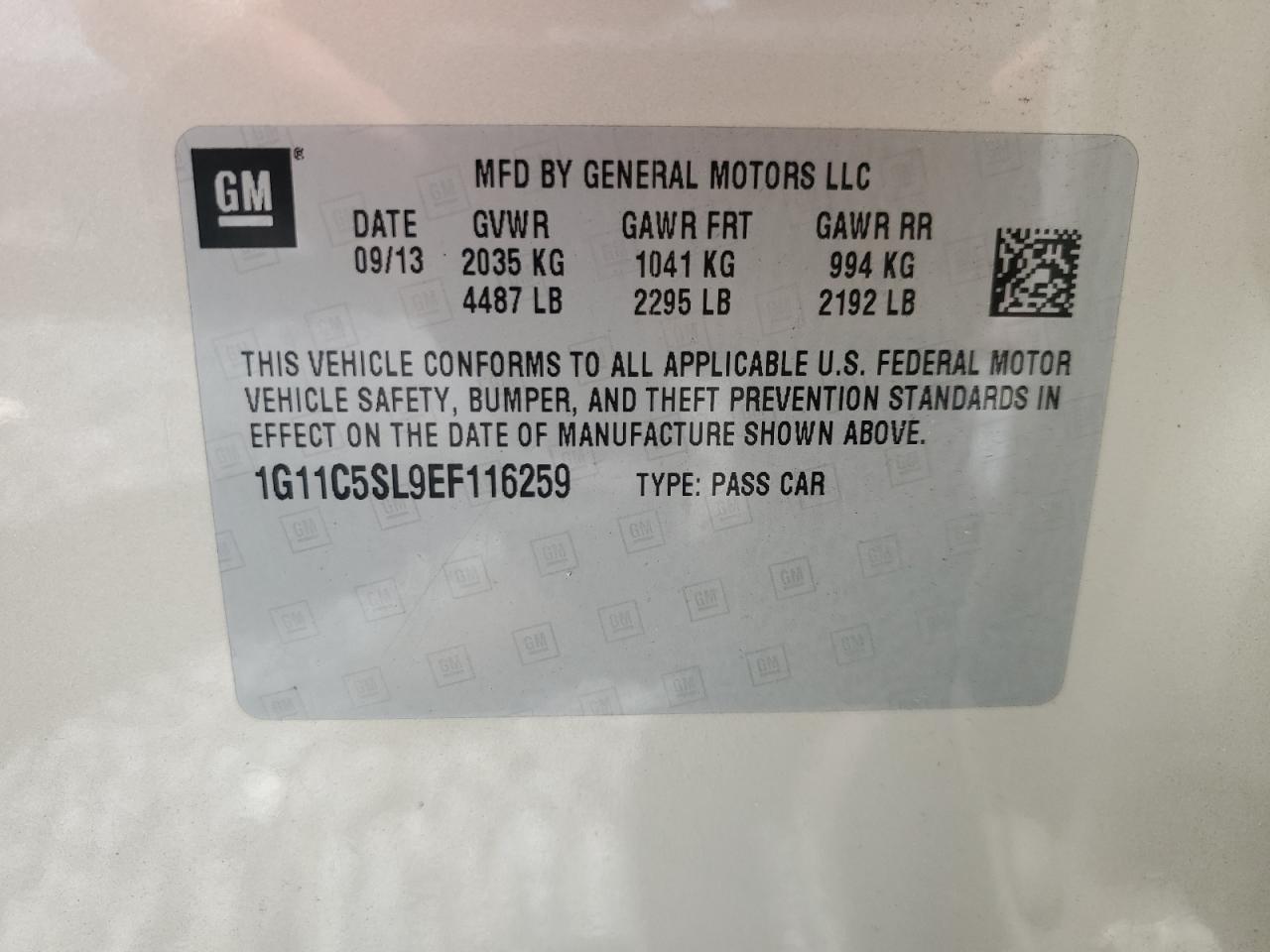 2014 Chevrolet Malibu 1Lt VIN: 1G11C5SL9EF116259 Lot: 64355634