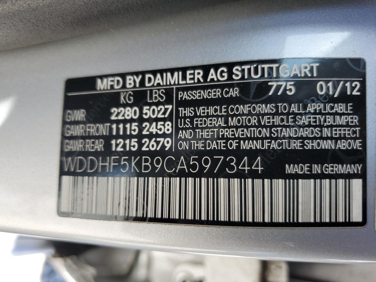 2012 Mercedes-Benz E 350 VIN: WDDHF5KB9CA597344 Lot: 61905124