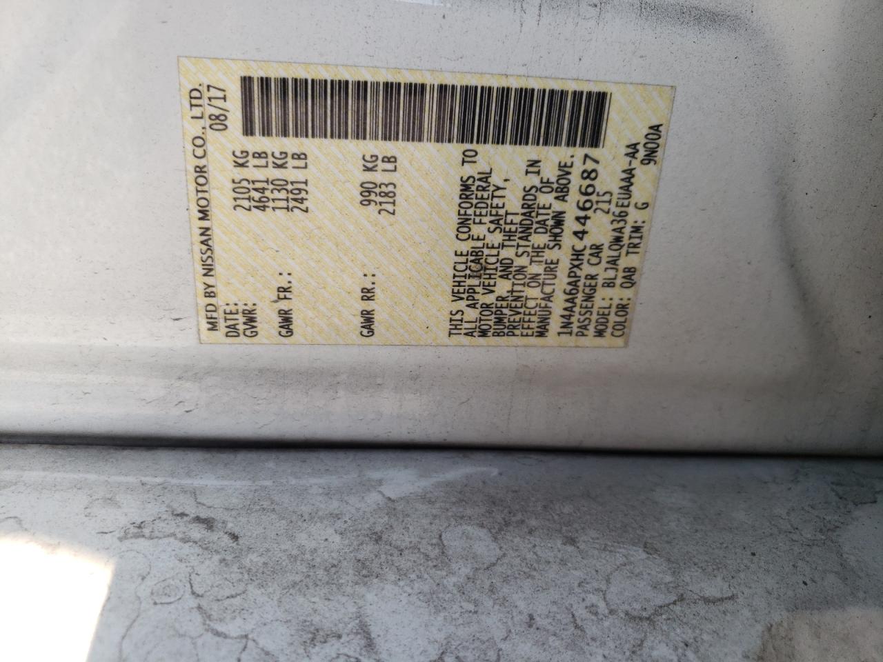 2017 Nissan Maxima 3.5S VIN: 1N4AA6APXHC446687 Lot: 62952414